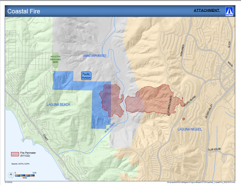 A map of the Cities of Laguna Beach (green), City of Laguna Niguel (orange) and unincorporated county lands (grey) with the Pacific Horizon Preserve (blue) shown. Multiple red polygons indicate the location of the Coast Fire, which did burn the Pacific Horizon Preserve's eastern edge.