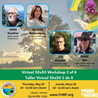 A square post with an oak tree in the background and four speaker photos noting the second workshop of 8 is being held on Thursday, May 25 from 10 - 11:30. It has the FHBP logo and Power in Nature logo.