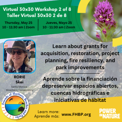 A colorful image describing a virtual workshop on 30x30 featuring Rorie Skei who will share information about grant state bond funding opportunities for land acquisition, restoration, project planning and design, fire resiliency, and park improvements. For more information visit: FHBP.org 

_________

Una imagen colorida que describe un taller virtual en 30x30 con Rorie Skei, quien compartirá información sobre oportunidades de financiamiento de bonos estatales para la adquisición de tierras, restauración, planificación y diseño de proyectos, resiliencia contra incendios y mejoras de parques. Para más información visite: FHBP.org