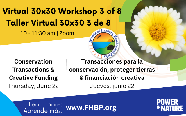 A colorful banner that describes a June 22nd workshop on Conservation Transactions and Creative Funding offered by FHBP.