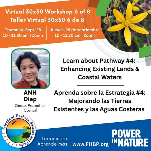 A colorful image describing a virtual workshop on 30x30 featuring speaker Anh Diep from the Ocean Protection Council who will talk about four strategies being used to advance 30x30 in coastal waters. For more information visit: FHBP.org