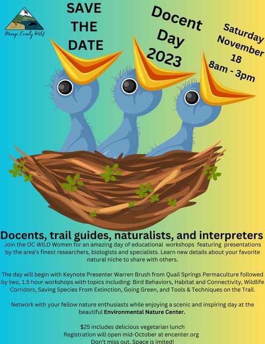 A colorful flyer with three birds mouths wide open. It describes an event, Docent Day, on November 18th with presentations, workshops, and speakers.