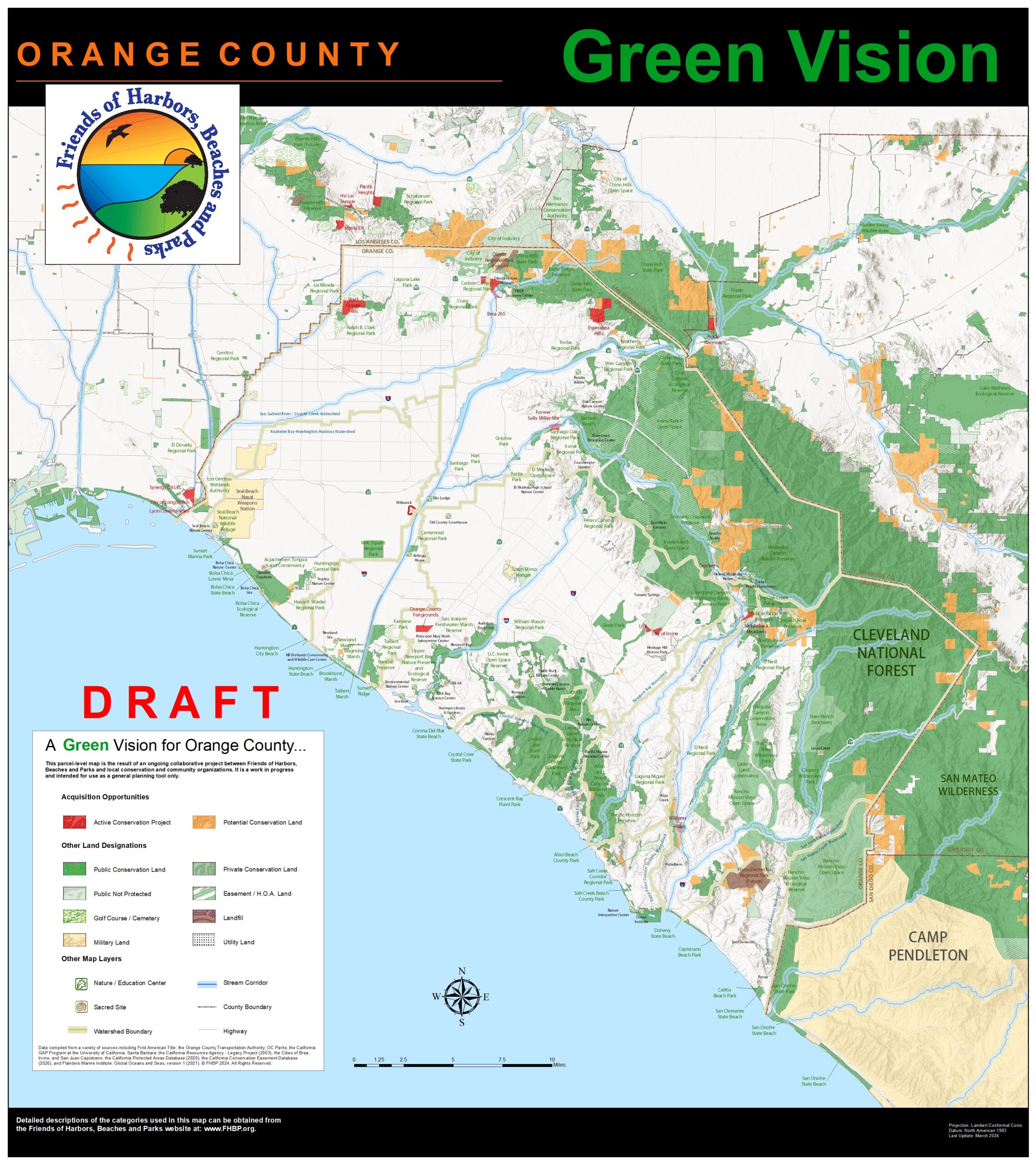 A map showing protected and unprotected lands in Orange County and neighboring counties.